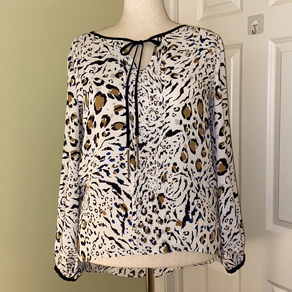 WHBM long sleeve hi-low white blouse with abstract black/tan/blue animal print